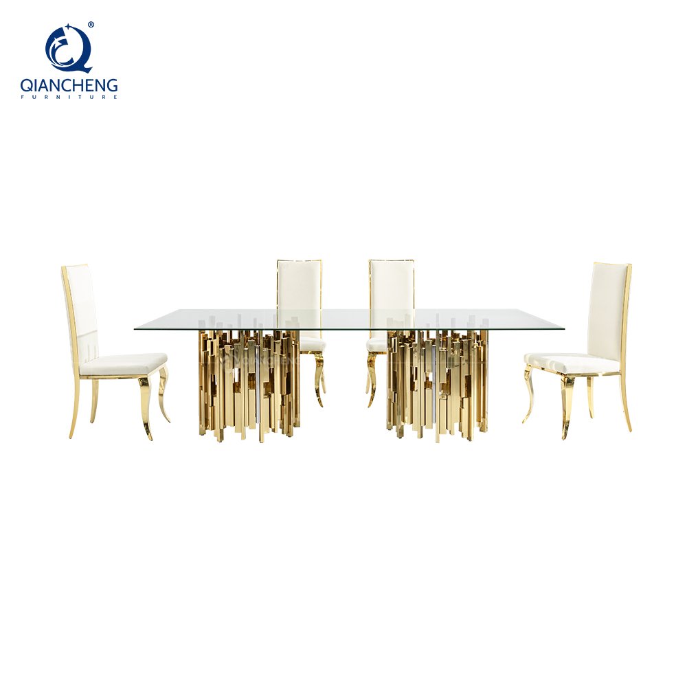 Gold and silver stainless steel metal dinning table and chair set for 4 6 seater luxury malaysia tempered glass top dining table
