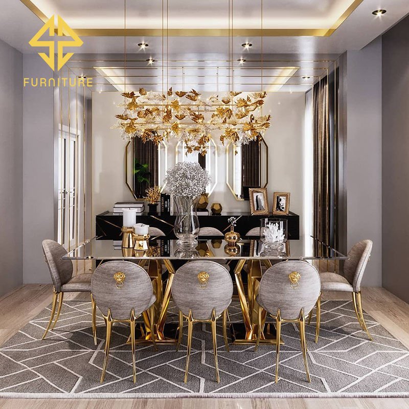 Modern luxury hotel furniture design golden metal base marble table top dining table set 6 chair set
