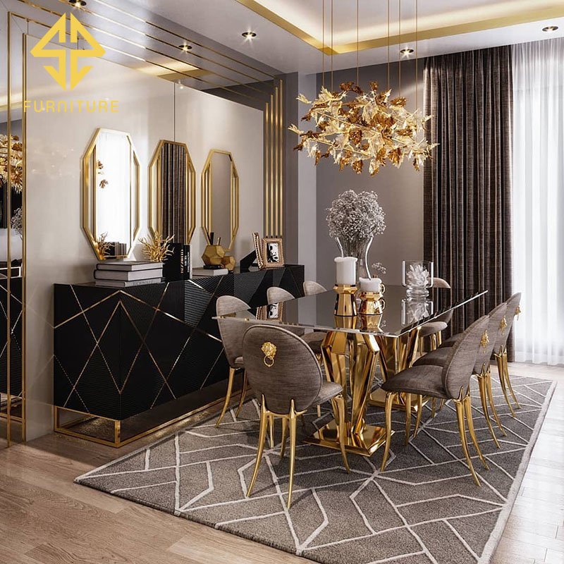 Modern luxury hotel furniture design golden metal base marble table top dining table set 6 chair set
