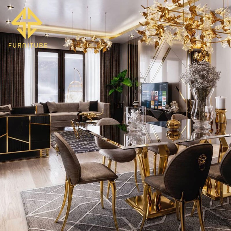 Modern luxury hotel furniture design golden metal base marble table top dining table set 6 chair set