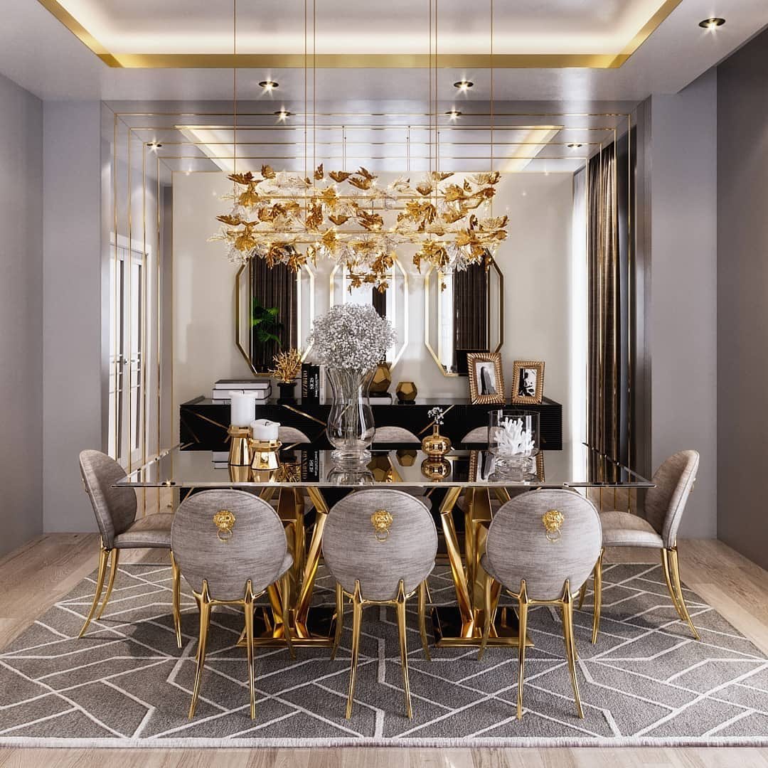 Modern luxury hotel furniture design golden metal base marble table top dining table set 6 chair set