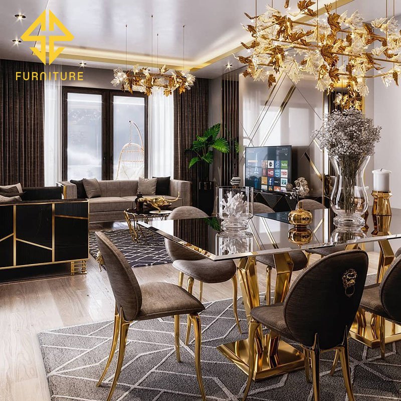 Modern luxury hotel furniture design golden metal base marble table top dining table set 6 chair set