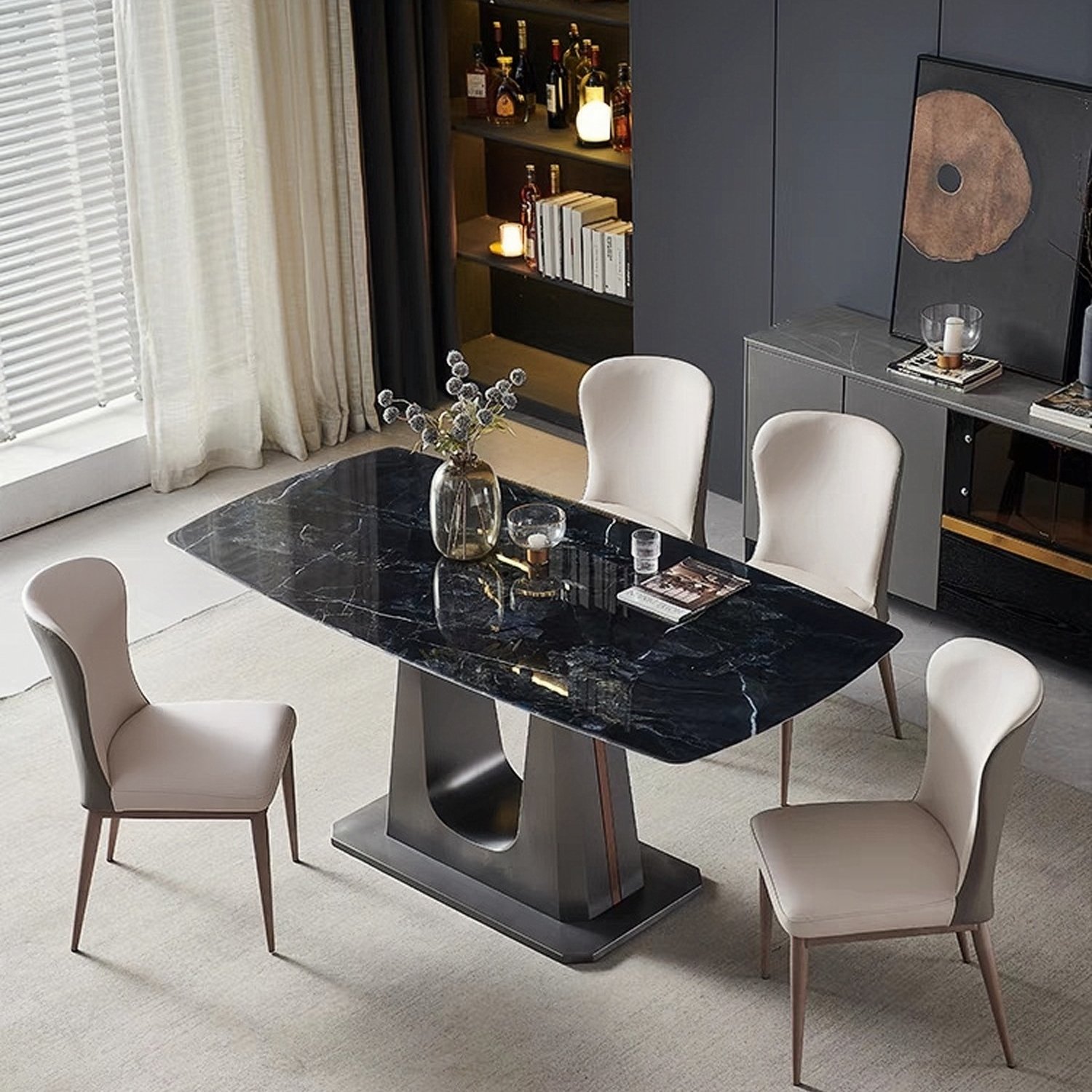 Hotel Restaurant Dining Room Furniture Stainless Steel Base Rectangle Sintered Stone Marble Dining Table Set
