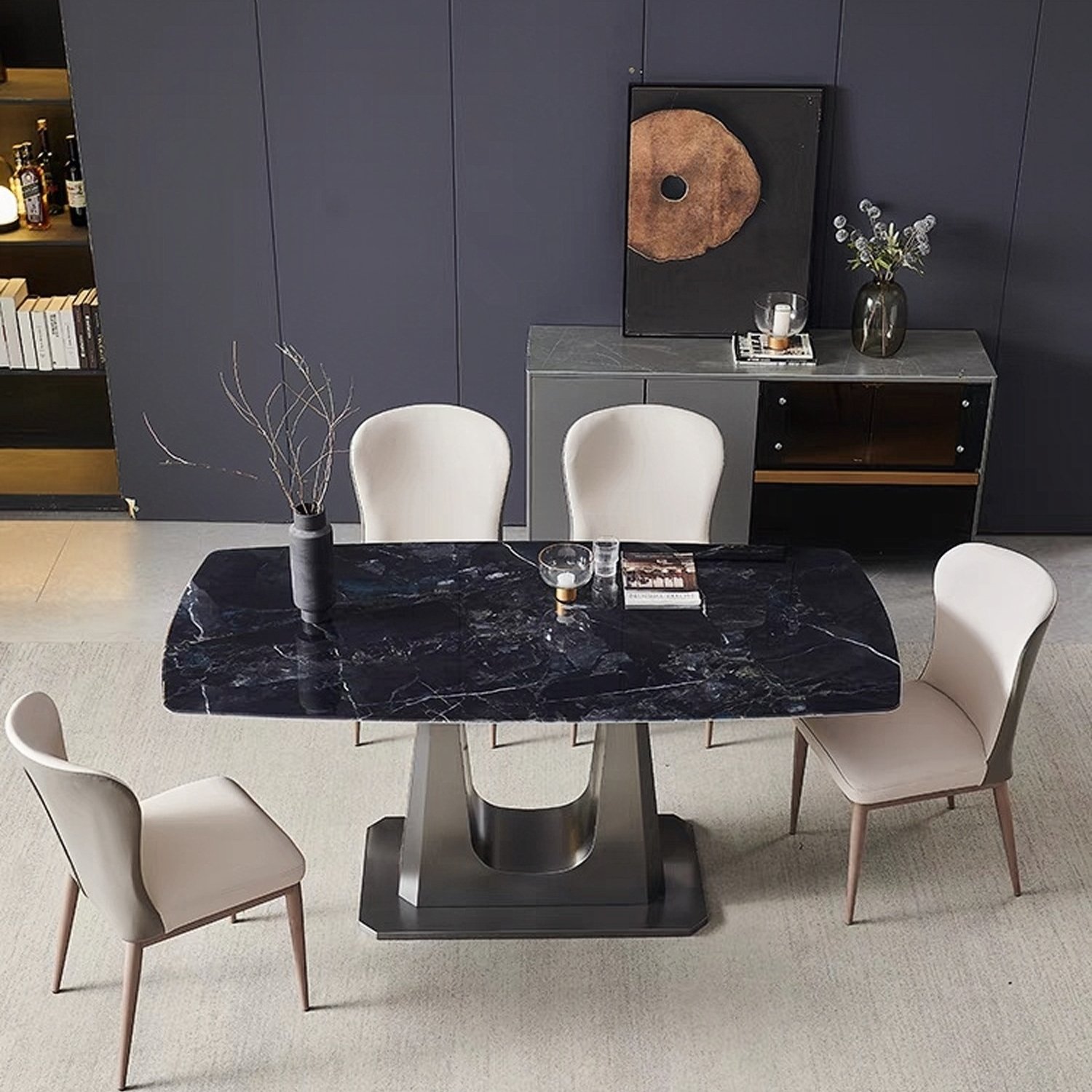 Hotel Restaurant Dining Room Furniture Stainless Steel Base Rectangle Sintered Stone Marble Dining Table Set