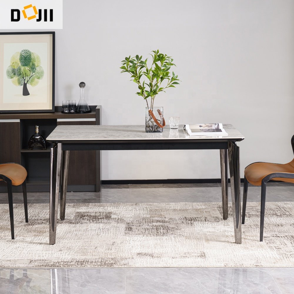 Cheap Modern Rock Beam Stone Top 6 Seater Chairs Rectangle Dining Table Set Dinner Room Furniture for Kitchen Living Room Bar
