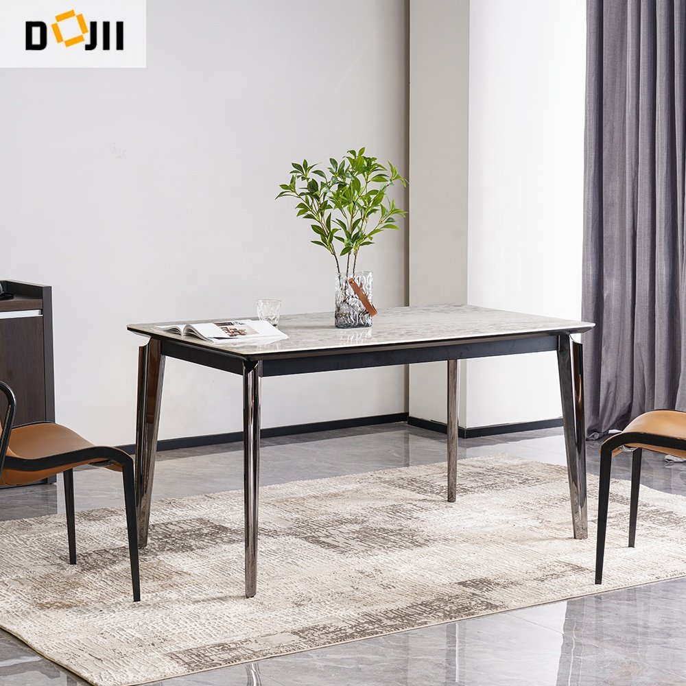 Cheap Modern Rock Beam Stone Top 6 Seater Chairs Rectangle Dining Table Set Dinner Room Furniture for Kitchen Living Room Bar