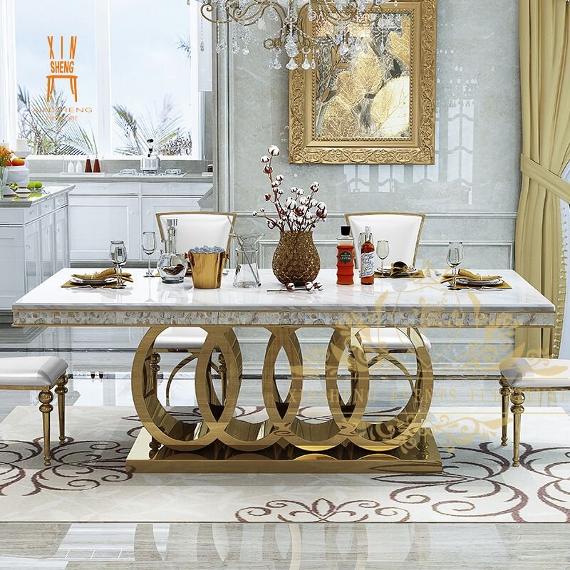 Rectangle Luxury Stainless Steel Marble Top Dining Table