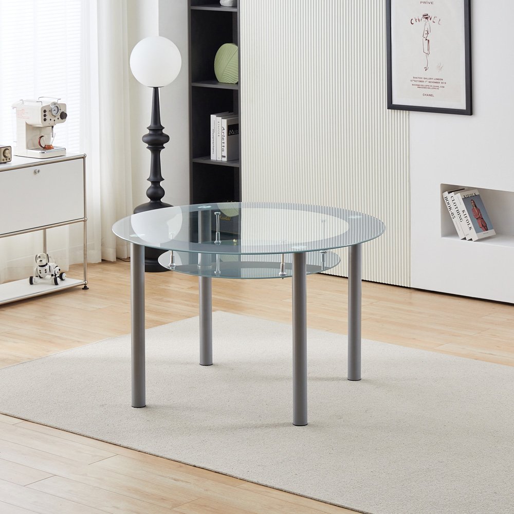 Round Glass Grey Kitchen Dining Table With Storage Shelf And 4 Grey Metal Chairs