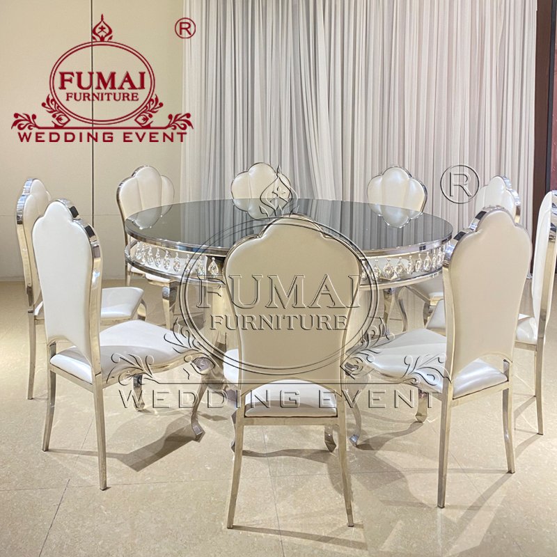 Modern Pedestal Base Metal Frame Clear Glass Crystal Large Round Shaped Arbor Hotel Dining Table 6 Chairs