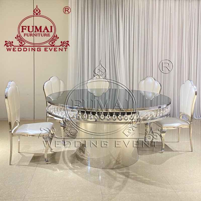 Modern Pedestal Base Metal Frame Clear Glass Crystal Large Round Shaped Arbor Hotel Dining Table 6 Chairs