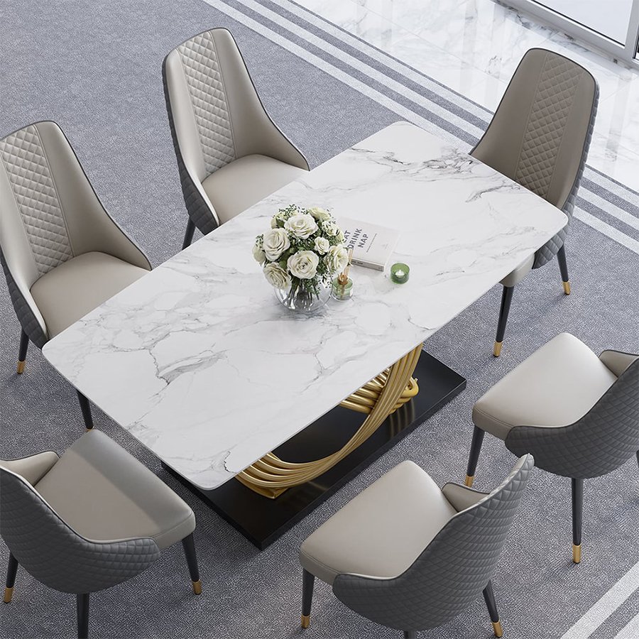 Nordic Modern Luxury Hotel Dining Room Gold Table Leg Marble Rectangular Dining Table Set 6 Chairs