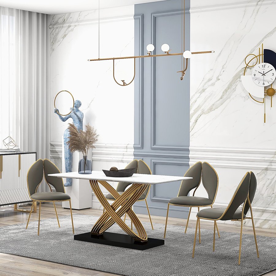 Nordic Modern Luxury Hotel Dining Room Gold Table Leg Marble Rectangular Dining Table Set 6 Chairs