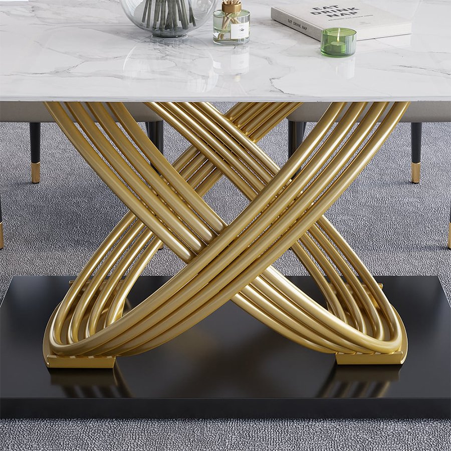 Nordic Modern Luxury Hotel Dining Room Gold Table Leg Marble Rectangular Dining Table Set 6 Chairs