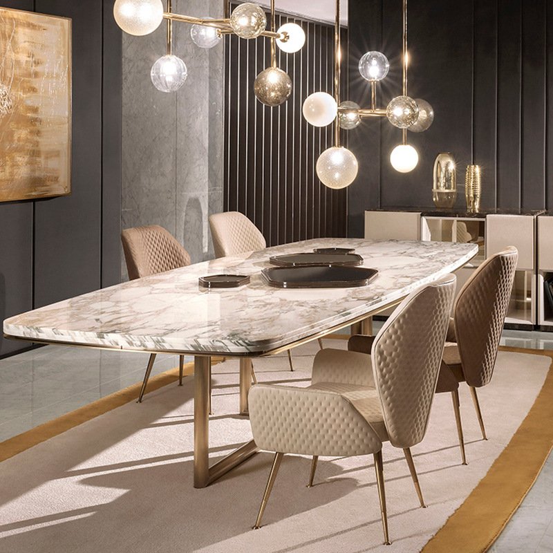 Luxury Stainless Steel Square Marble Dining Table Set Furniture Imported Modern Dine Room Dining Table And Chairs Set