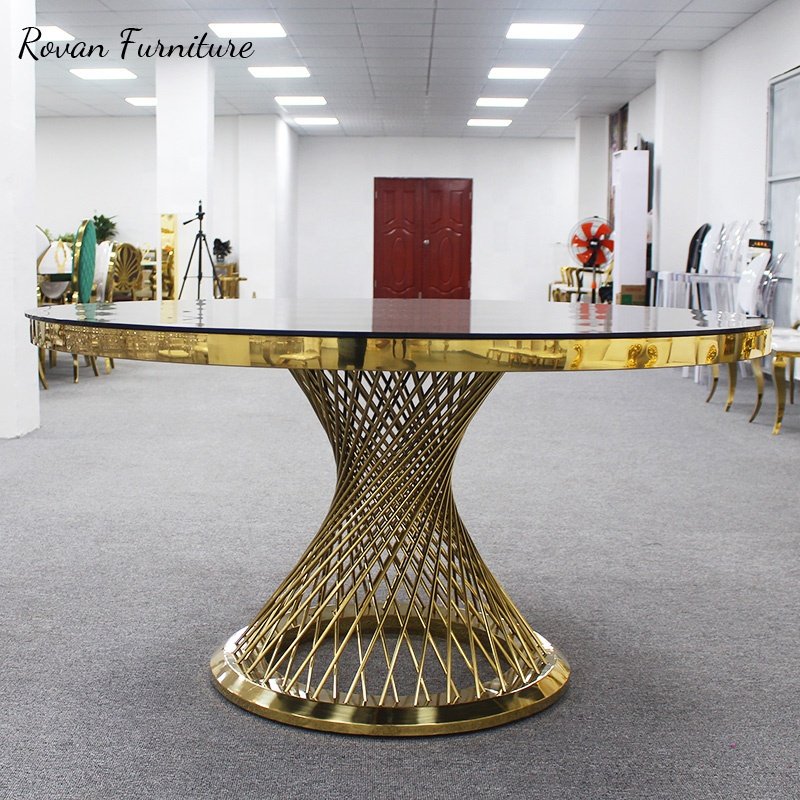Hot sale luxury style gold stainless steel round dining mirror glass table for events