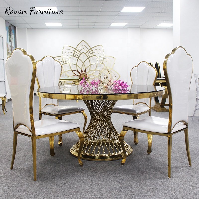 Hot sale luxury style gold stainless steel round dining mirror glass table for events