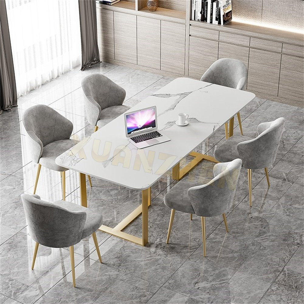 Dining room furniture gold stainless steel white sinered stone marble rectangle modern dining table set dining tables