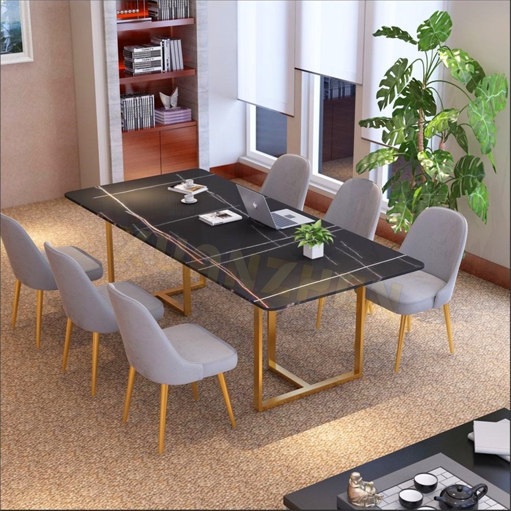 Dining room furniture gold stainless steel white sinered stone marble rectangle modern dining table set dining tables