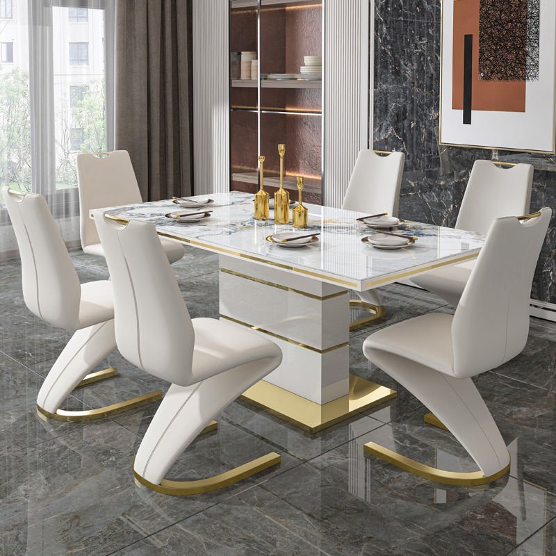 Luxury Golden Stainless Steel Dining Table Set Home Dining Room Rectangular Wooden Table Leather Dining Chair Set
