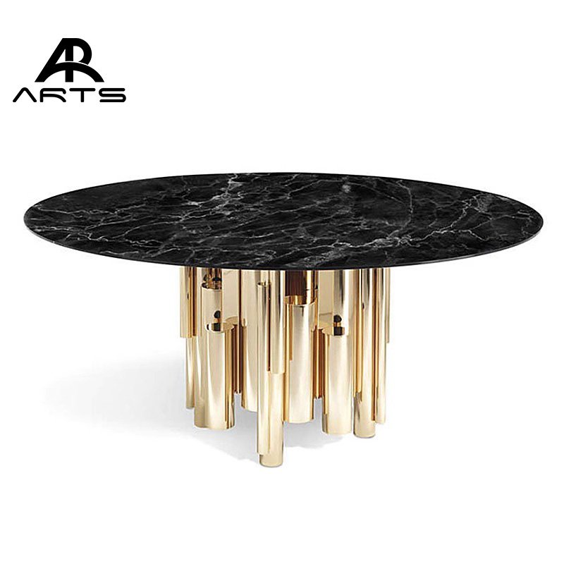Modern 6 8 10 seats dining table set with marble or glass top round dining table stainless steel for restaurant use