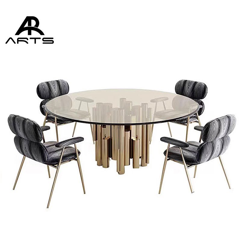 Modern 6 8 10 seats dining table set with marble or glass top round dining table stainless steel for restaurant use