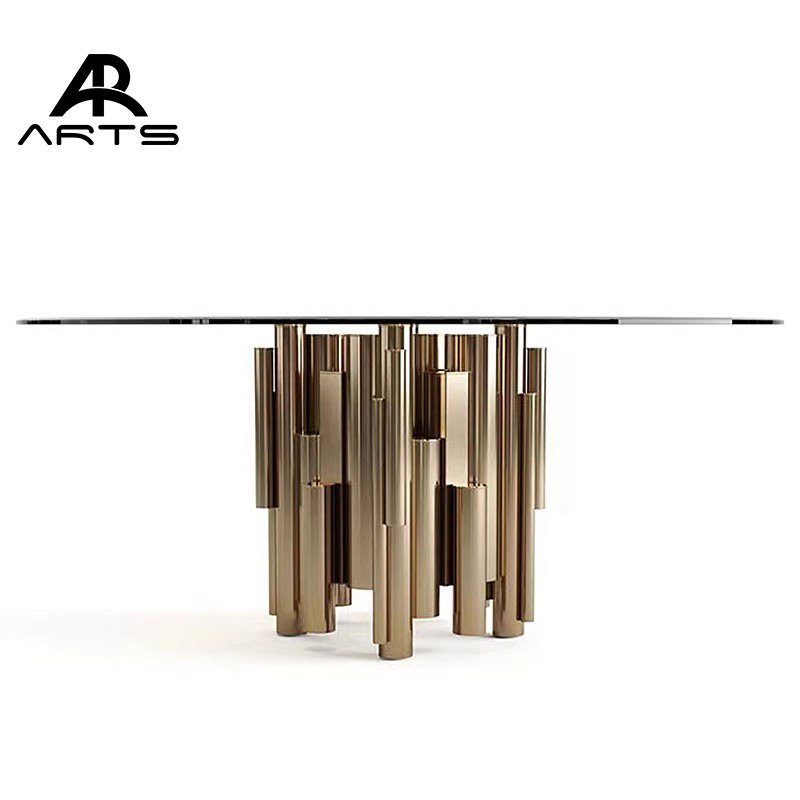 Modern 6 8 10 seats dining table set with marble or glass top round dining table stainless steel for restaurant use