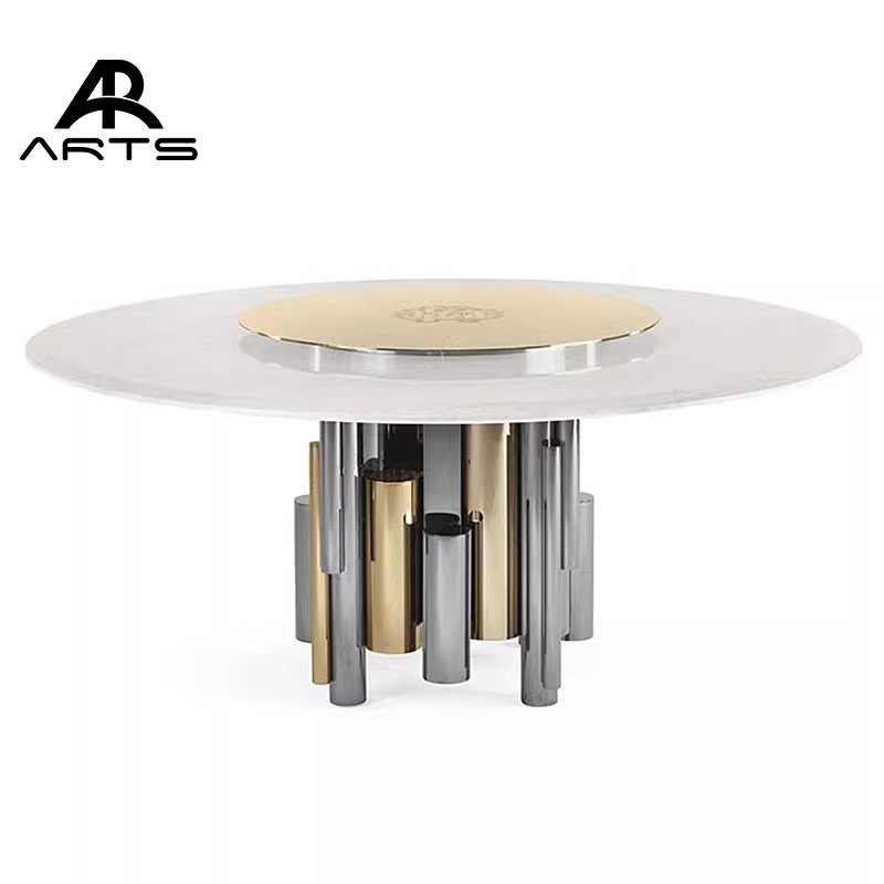 Modern 6 8 10 seats dining table set with marble or glass top round dining table stainless steel for restaurant use