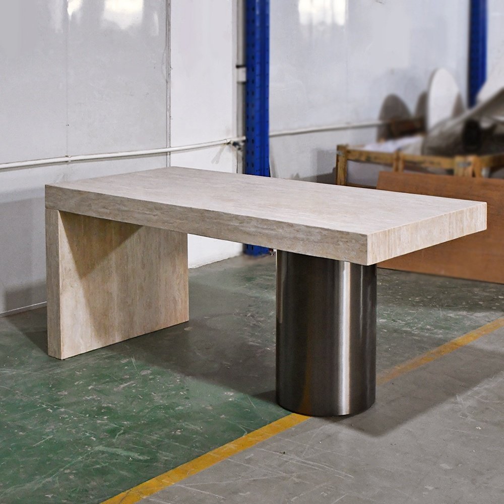 Restaurant table villa living room furniture stainless steel base travertine dinning table