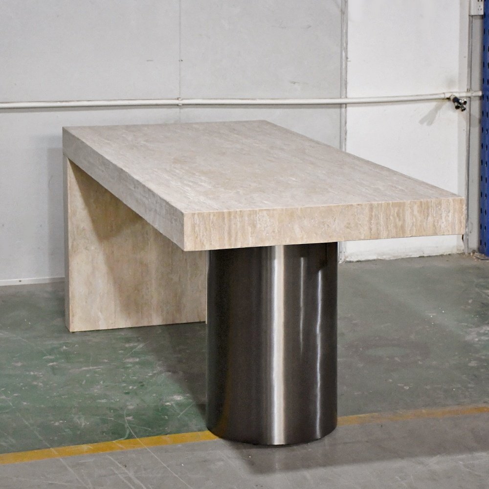 Restaurant table villa living room furniture stainless steel base travertine dinning table