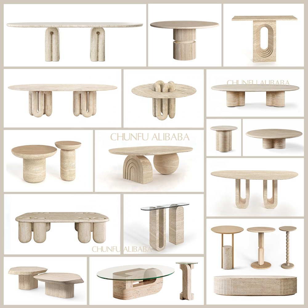 Restaurant table villa living room furniture stainless steel base travertine dinning table