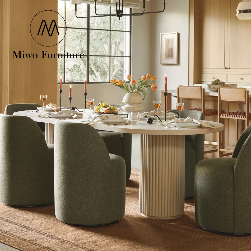 Custom modern hoary white dining room dining table furniture solid wood rattan rectangle oval table and chair set 6 8 seaters