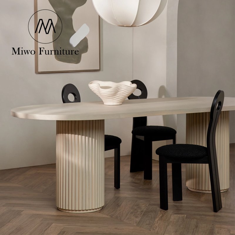 Custom modern hoary white dining room dining table furniture solid wood rattan rectangle oval table and chair set 6 8 seaters