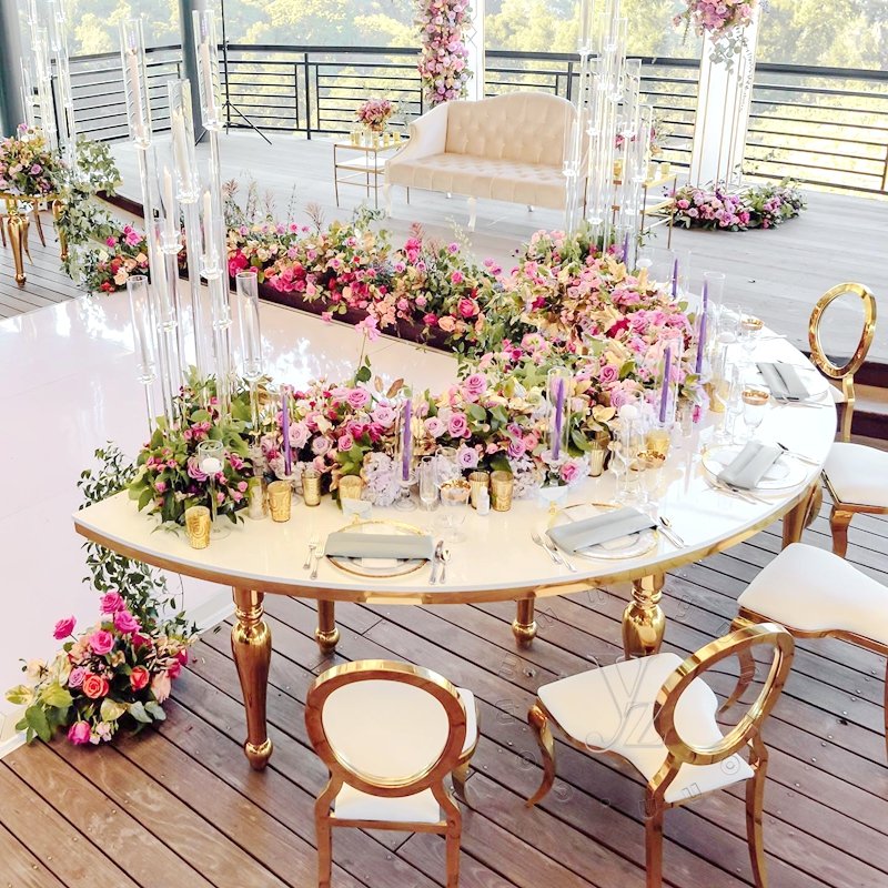 Gold Stainless Steel Half Moon Mirror Glass Top Table Modern Design for Dining Outdoor Hotel Living Room Weddings Party Events