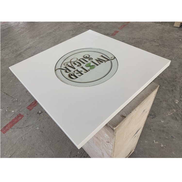 Corian Acrylic Solid Surface Table Top and Black Base Kitchen Dining Table Set with Customized Logo