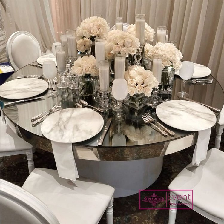 Modern White Metal Base round Glass Top Dining Table Iron Dinner Table for Wedding Event Banquet Outdoor Hotel Use