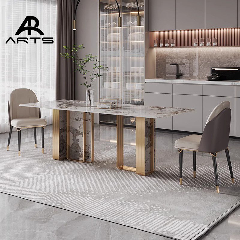 Italian light luxury stainless steel dining table and chairs rectangular dining set for restaurant use dining room furniture