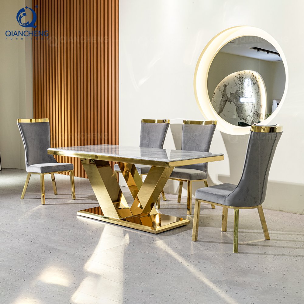 Mirrored furniture 6 seat daining tables elegant dining room suite gold marble luxury glass dinning table sets