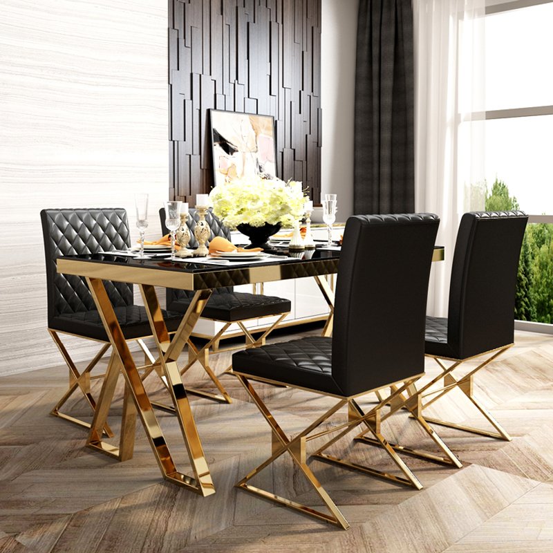 Luxury dining table rectangular shape Stainless Steel marble top dining table set