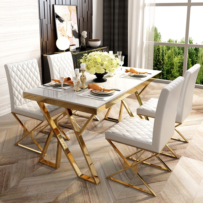 Luxury dining table rectangular shape Stainless Steel marble top dining table set