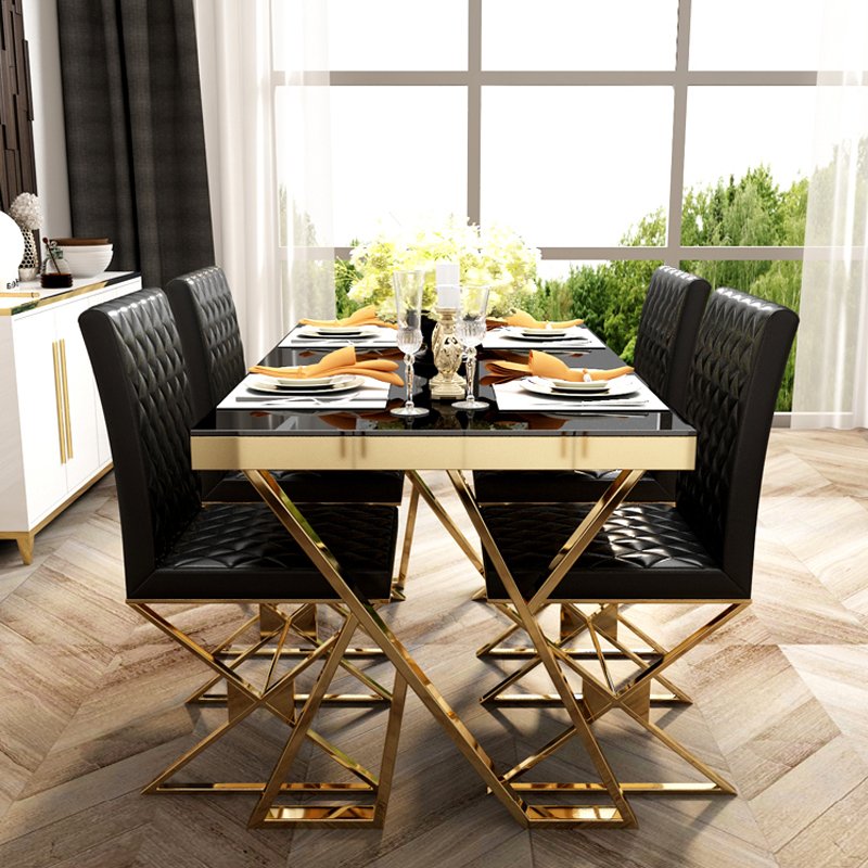 Luxury dining table rectangular shape Stainless Steel marble top dining table set