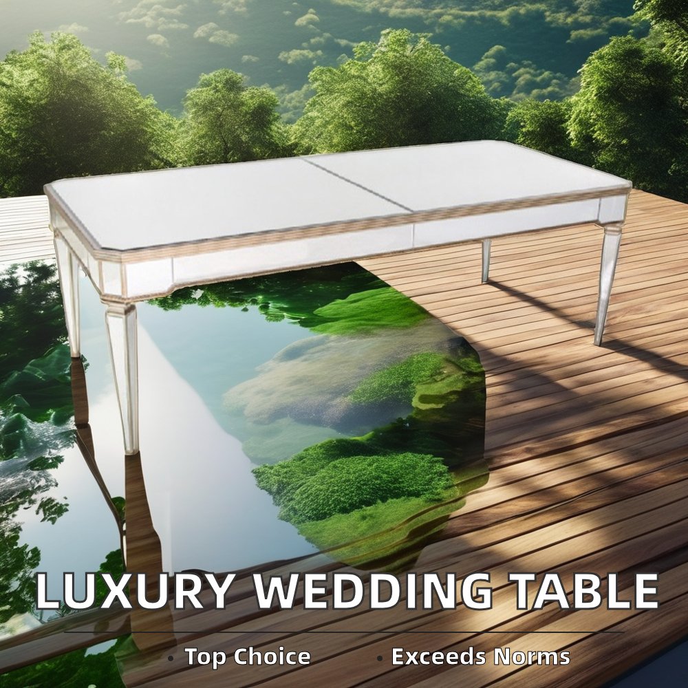 Silver Stainless Steel Wedding Table with 6 Chairs Mirror Glass Banquet Event Party Dining Room Furniture Wedding Celebration