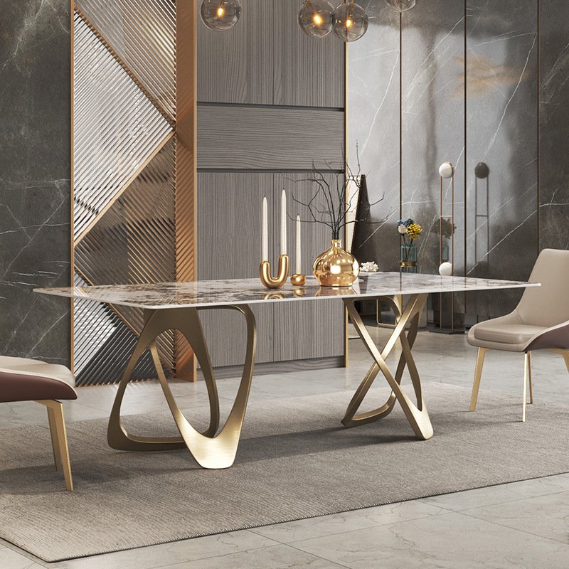 Italy Luxury gold stainless steel and stone top rectangular dining table set for home hotel Restaurant furniture