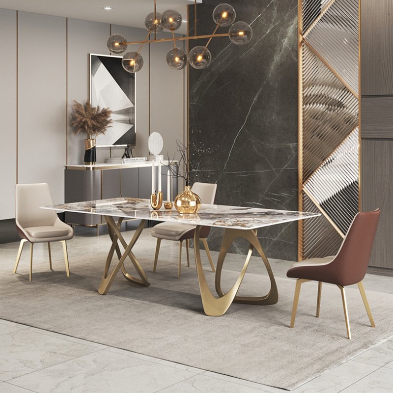 Italy Luxury gold stainless steel and stone top rectangular dining table set for home hotel Restaurant furniture
