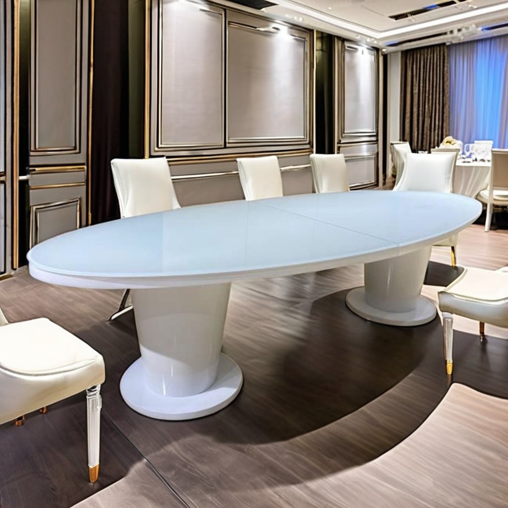 Modern White Iron Base with Tempered Top Sumptuous Oval Glass Table for Dining Kitchen Outdoor and Hotel Use for Weddings