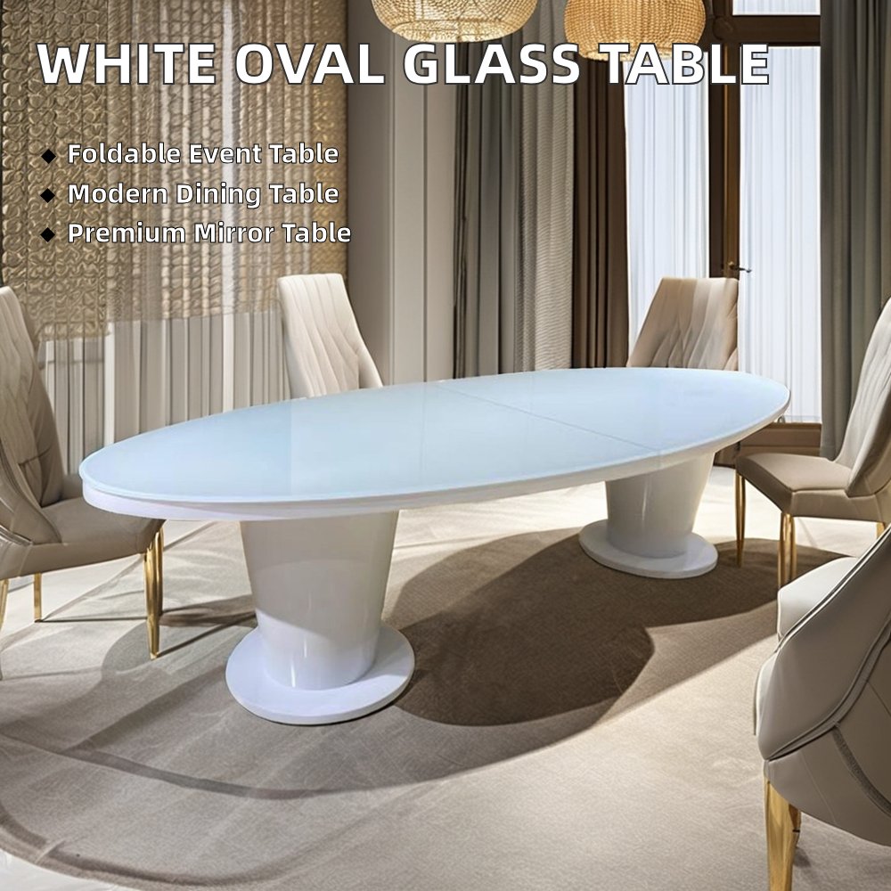 Modern White Iron Base with Tempered Top Sumptuous Oval Glass Table for Dining Kitchen Outdoor and Hotel Use for Weddings
