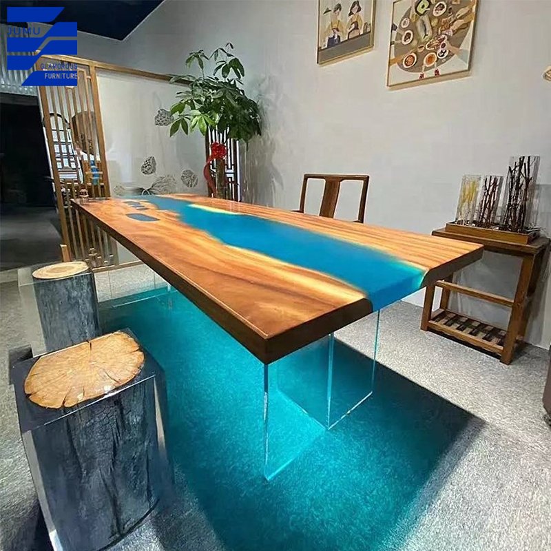 Glamorous Furniture Modern Luxury Dining Tables Walnut Wood with Ocean Design Resin Epoxy dining table set for dining room