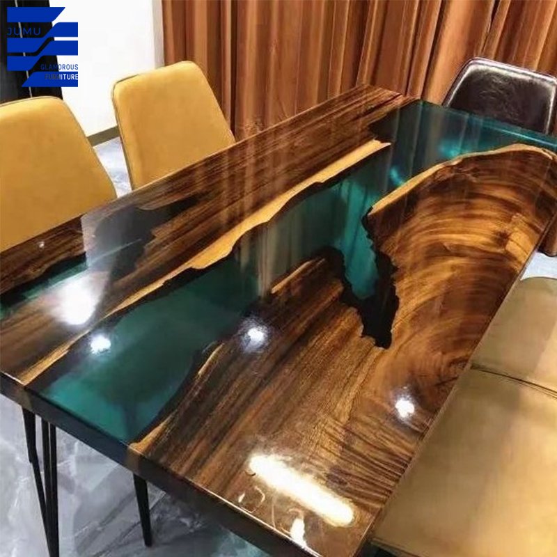 Glamorous Furniture Modern Luxury Dining Tables Walnut Wood with Ocean Design Resin Epoxy dining table set for dining room