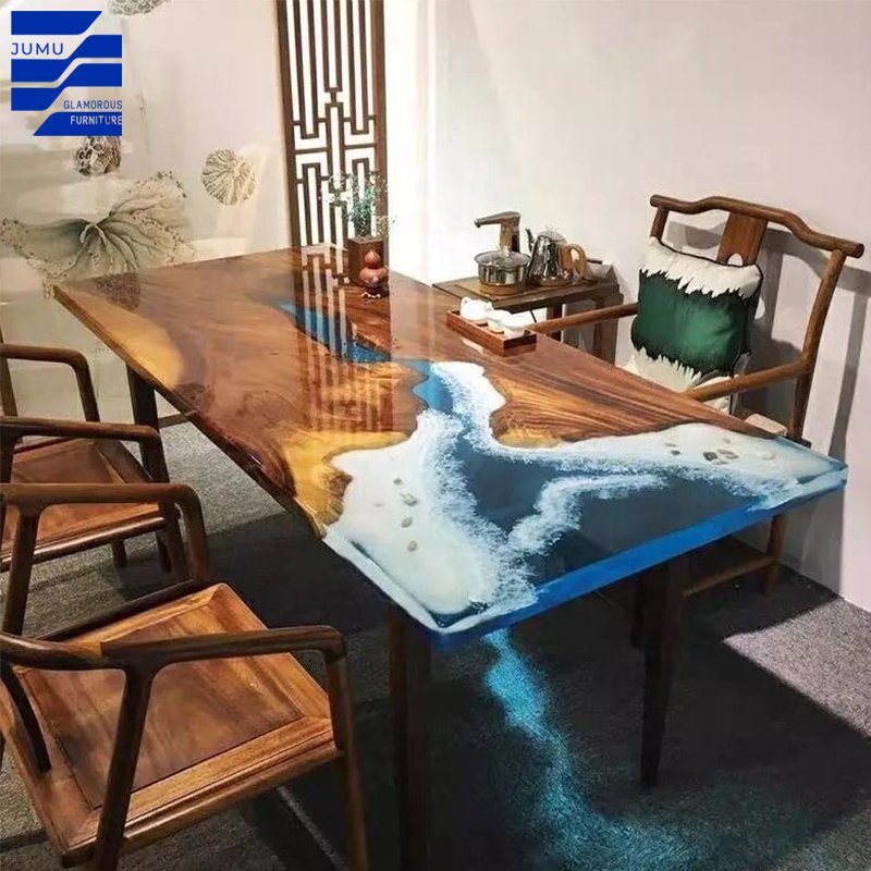 Glamorous Furniture Modern Luxury Dining Tables Walnut Wood with Ocean Design Resin Epoxy dining table set for dining room