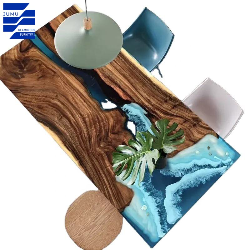 Glamorous Furniture Modern Luxury Dining Tables Walnut Wood with Ocean Design Resin Epoxy dining table set for dining room