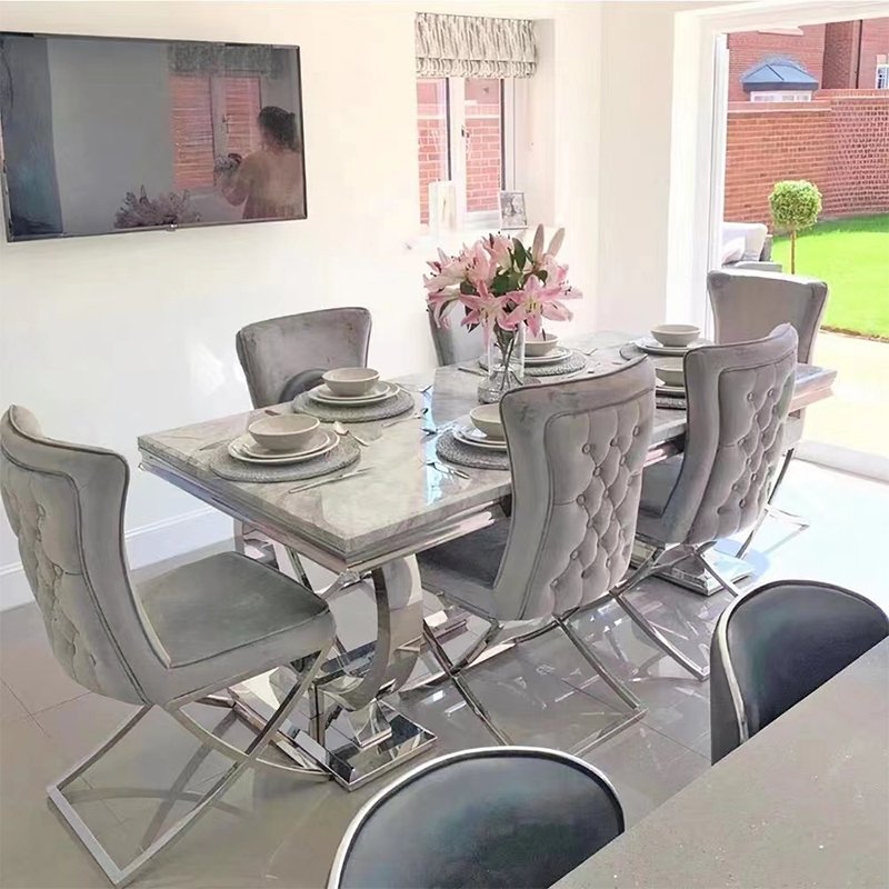 Modern Furniture kitchen dinning table and 6 chair Luxury restaurant metal stainless steel dining tables